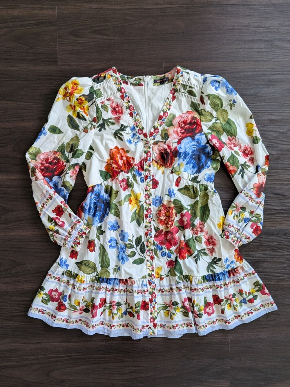 Skies Are Blue White Cotton Floral Long Sleeve Mini Dress Large Boho - Picture 4 of 8